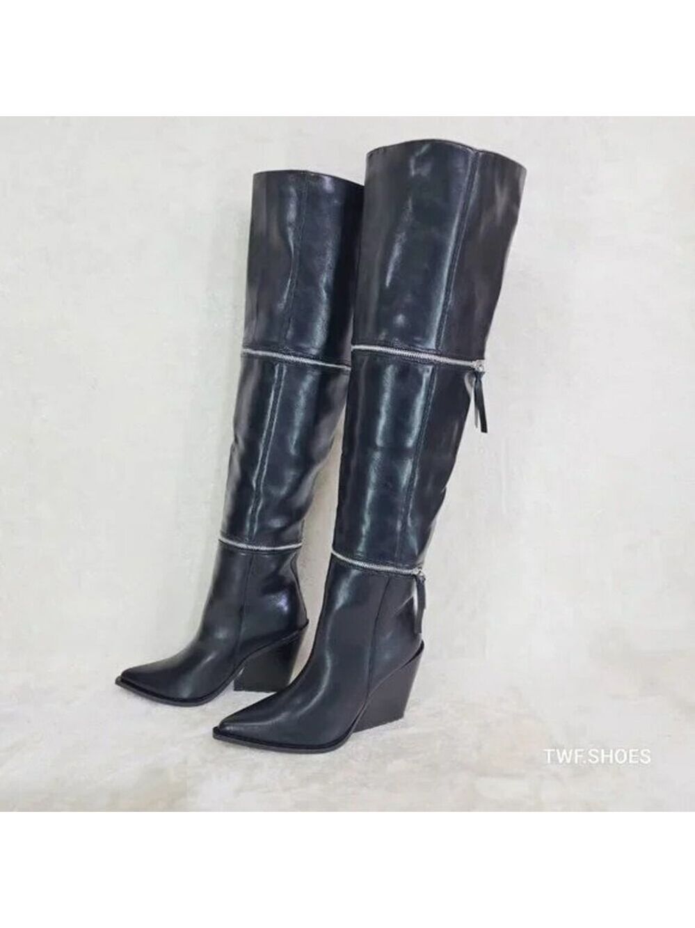 NIB Alexa Western Wedge All in One Zipper Shaft Ankle Knee & Thigh Boots Black - Picture 14 of 15